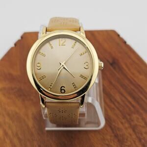 Quartz Womens Gold Tone Watch Golden Tan Laser Cut Floral Band Southwestern Vibe